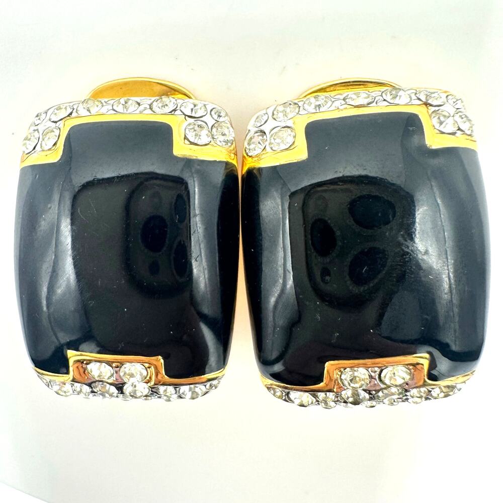 Alfred Sung vintage gold tone clear rhinestones black enamel clip on earrings